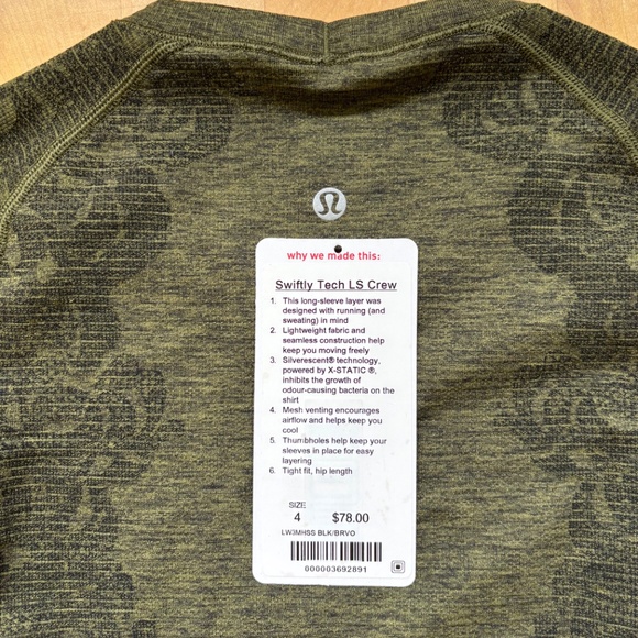 Lululemon Swiftly Long Sleeve Crew - Brave Olive / Black - Size 4 - NWOT - Picture 4 of 6